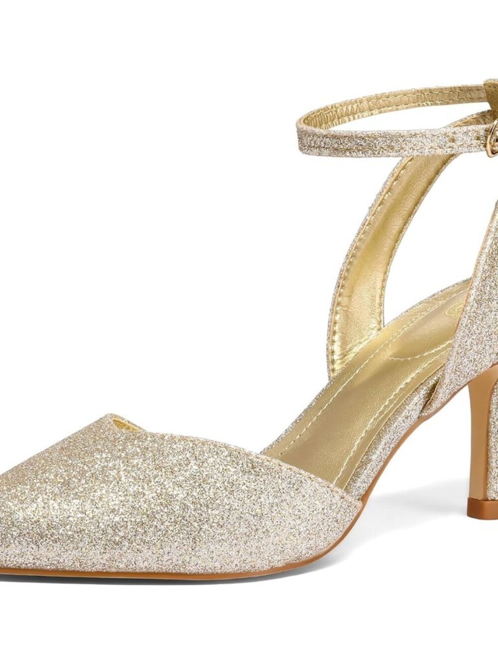 Women's Gold Glitter Pumps Shoes Pointed Toe Kitten Low Heels Ankle Strap
